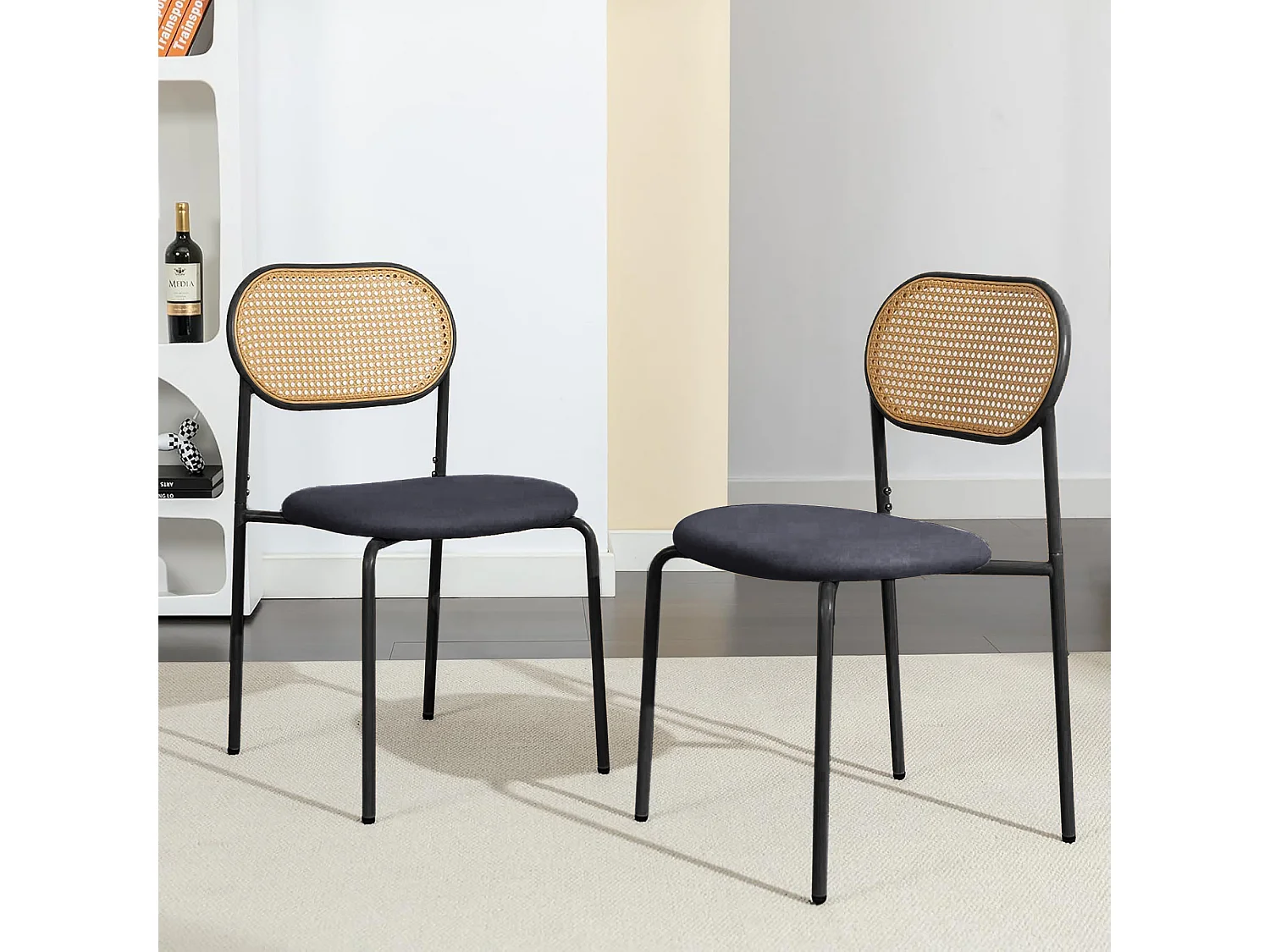 2-teiliges Esszimmerstuhl-Set, Rattan-Esszimmerstuhl, dekorativer Esszimmerstuhl, Schwarz