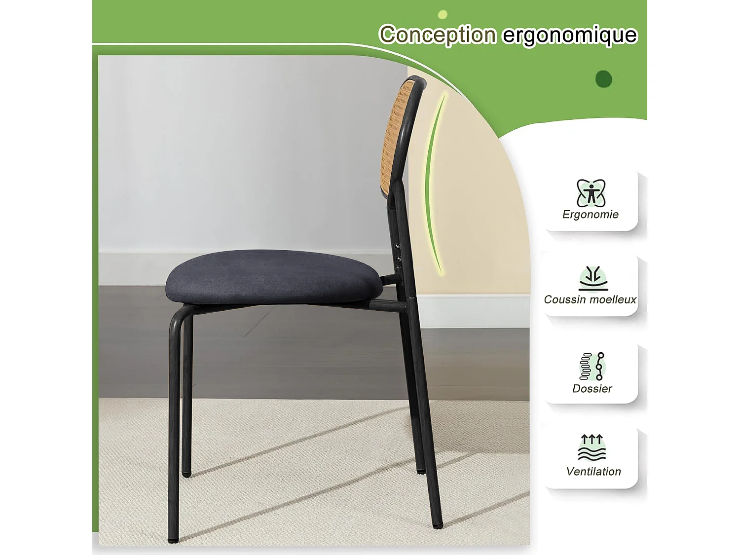 2-teiliges Esszimmerstuhl-Set, Rattan-Esszimmerstuhl, dekorativer Esszimmerstuhl, Schwarz