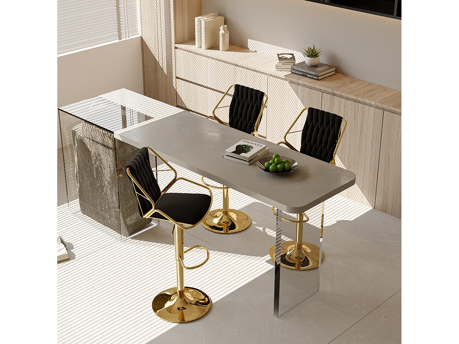 Lot de 2 Chaise, chaises plaquées or, table de bar et chaises, noir, velours