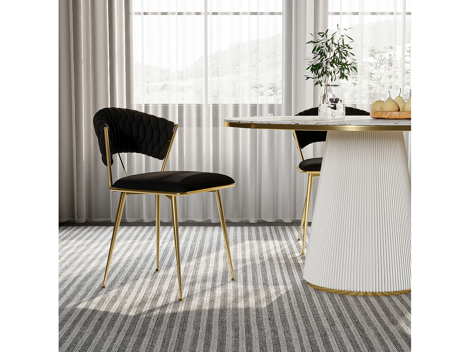 Juego de 2 sillas de comedor de terciopelo dorado, diseño ergonómico, color negro