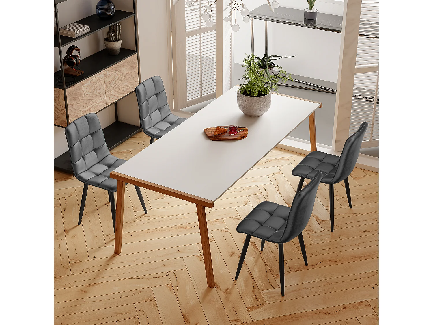 Lot de 4 chaises de salle à manger avec dossier, structure en métal, Gris, lin