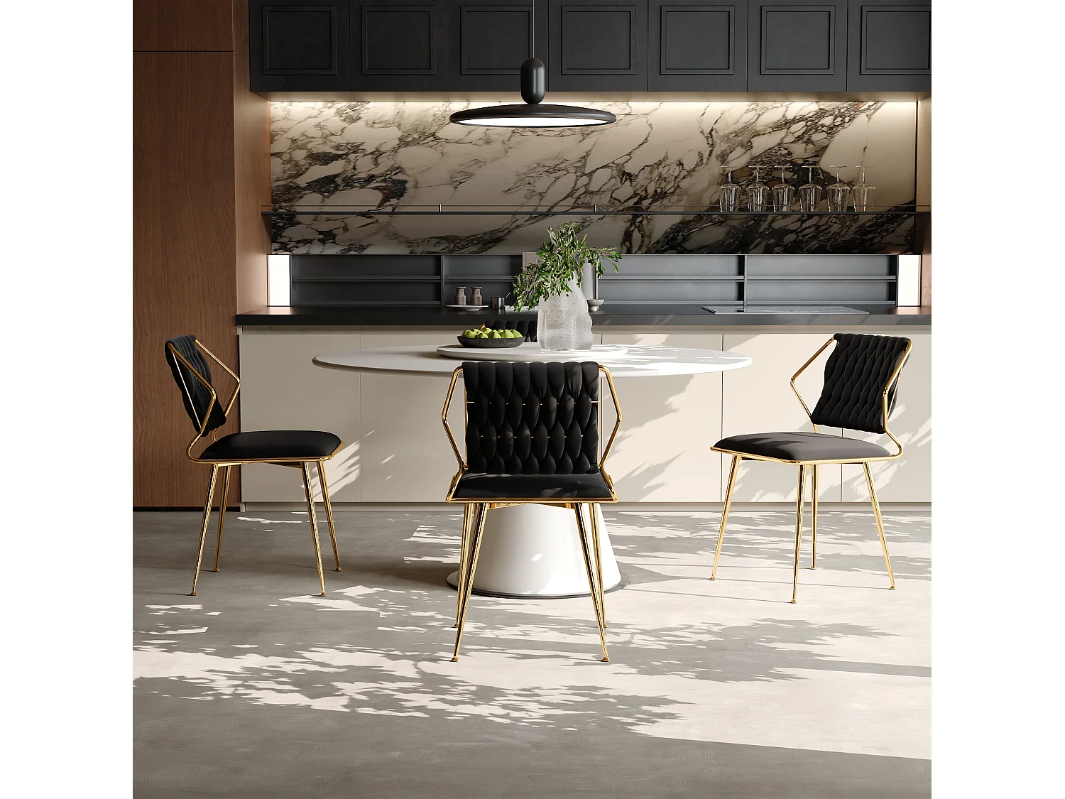 Juego de 2 sillas de comedor de terciopelo de lujo, diseño ergonómico, patas de metal, color negro