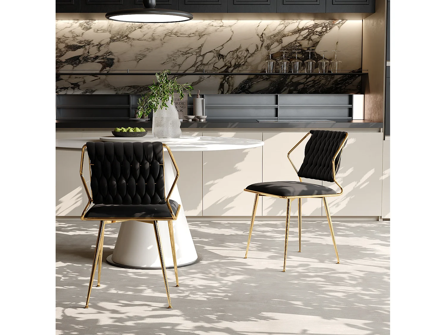 Lot de 2 chaises de salle à manger de luxe en velours, design ergonomique, pieds en métal, noir