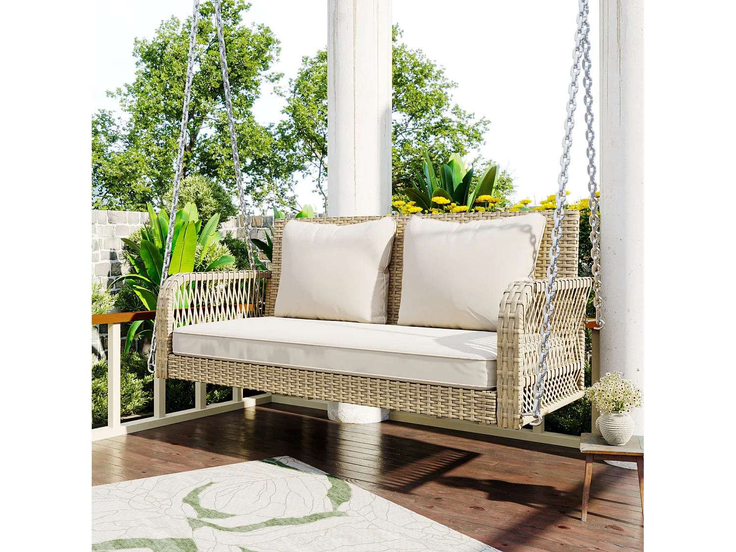 Altalena da giardino, rattan beige, a due posti con cuscini di seduta e schienale, rivestimento beige
