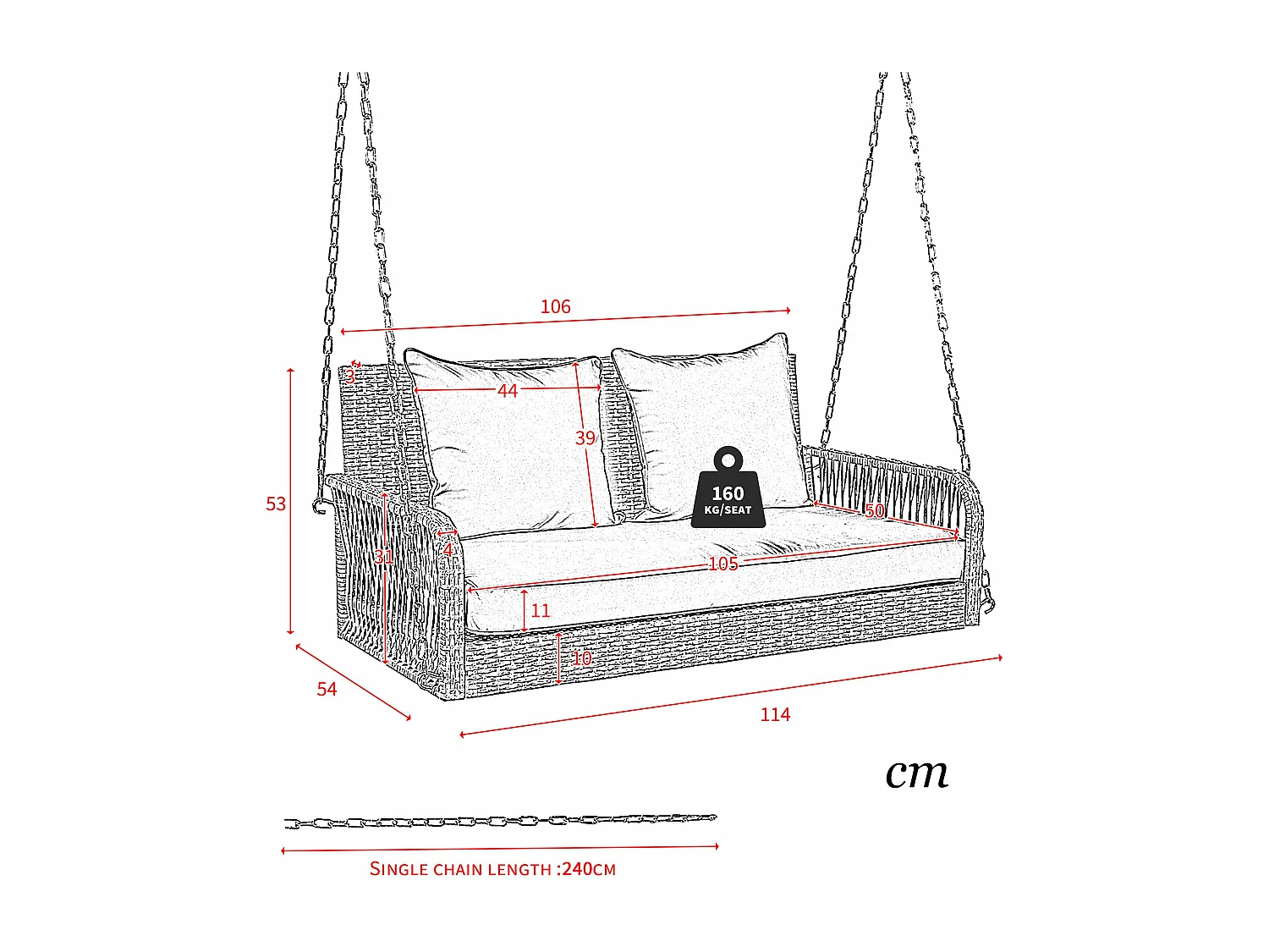 Altalena da giardino, rattan beige, a due posti con cuscini di seduta e schienale, rivestimento beige