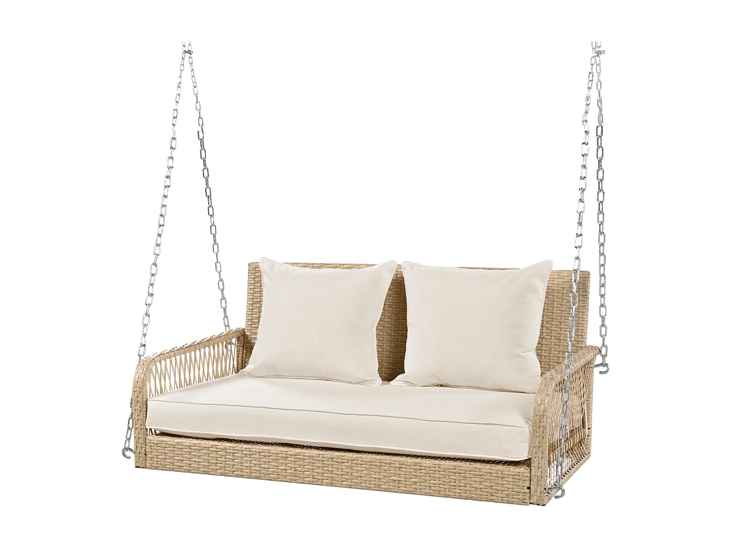 Altalena da giardino, rattan beige, a due posti con cuscini di seduta e schienale, rivestimento beige