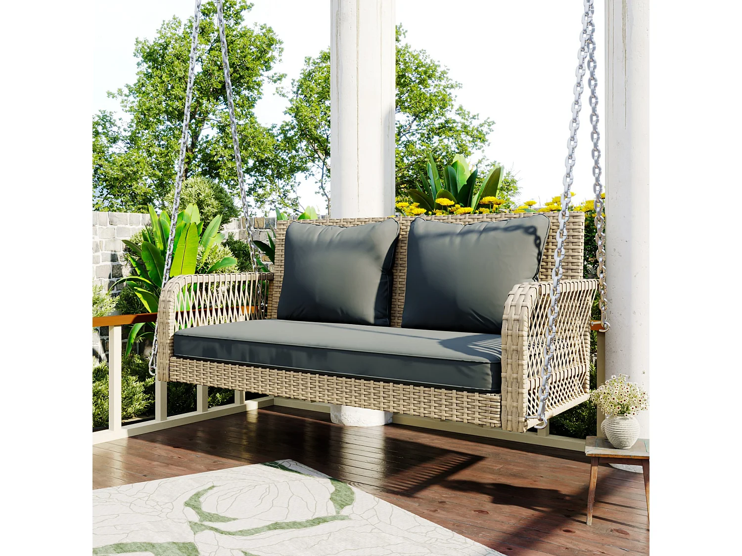 Tuinschommel, beige rotan, 2-zits met zit- en rugkussens, afneembare hoezen voor reiniging