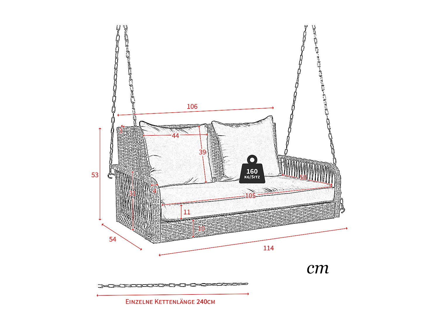 Tuinschommel, beige rotan, 2-zits met zit- en rugkussens, afneembare hoezen voor reiniging