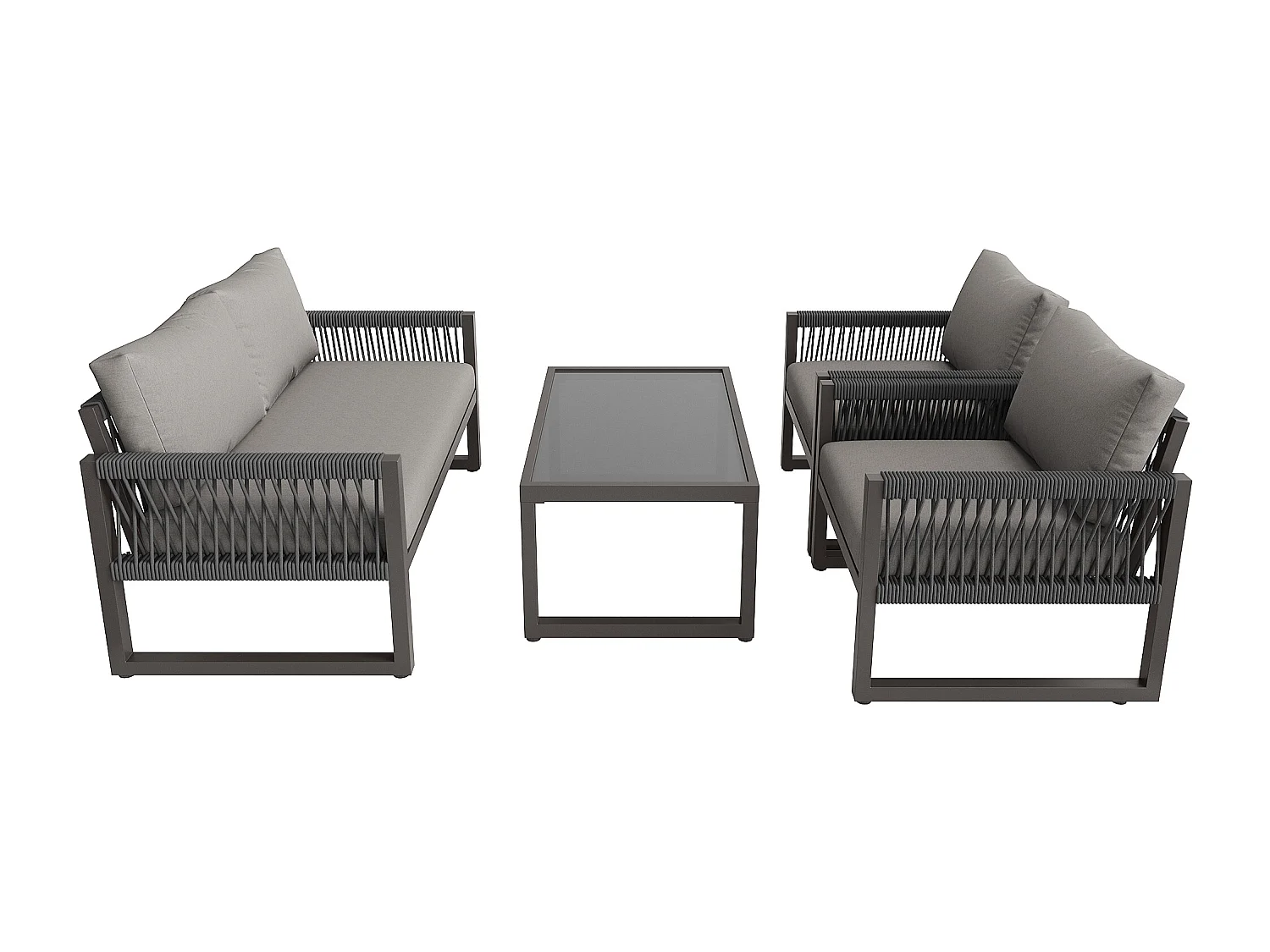 Ensemble de chaises longues de jardin grises, plateau en verre lisse, ensemble de 4, tous les coussins inclus