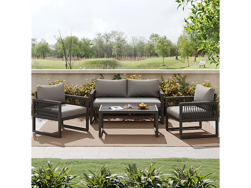 Ensemble de chaises longues de jardin grises, plateau en verre lisse, ensemble de 4, tous les coussins inclus