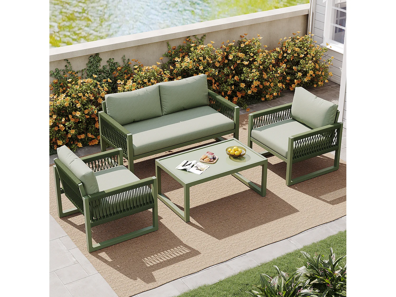 Ensemble de chaises longues de jardin vertes, plateau en verre lisse, ensemble de 4, tous les coussins inclus