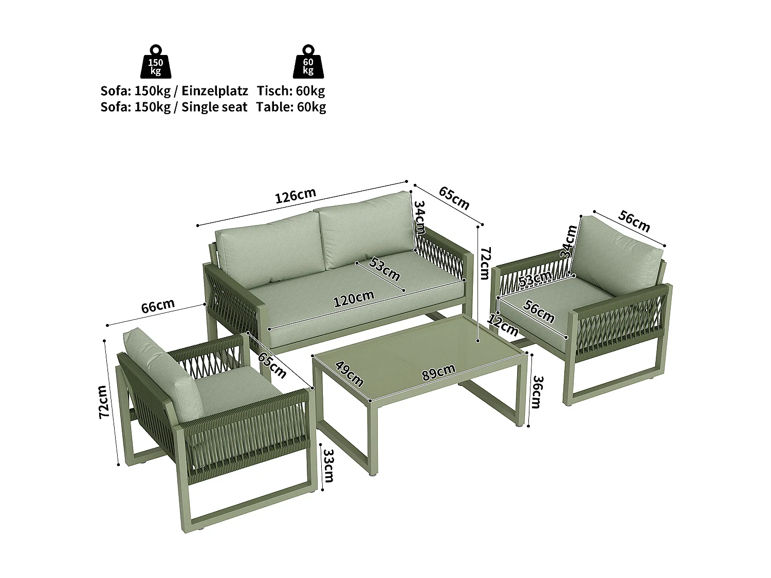 Ensemble de chaises longues de jardin vertes, plateau en verre lisse, ensemble de 4, tous les coussins inclus