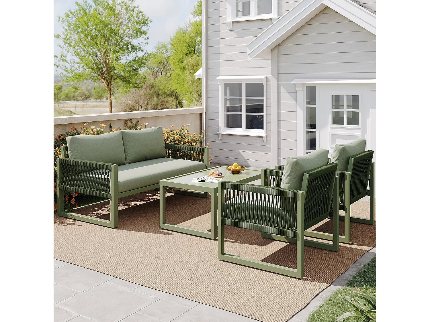 Ensemble de chaises longues de jardin vertes, plateau en verre lisse, ensemble de 4, tous les coussins inclus