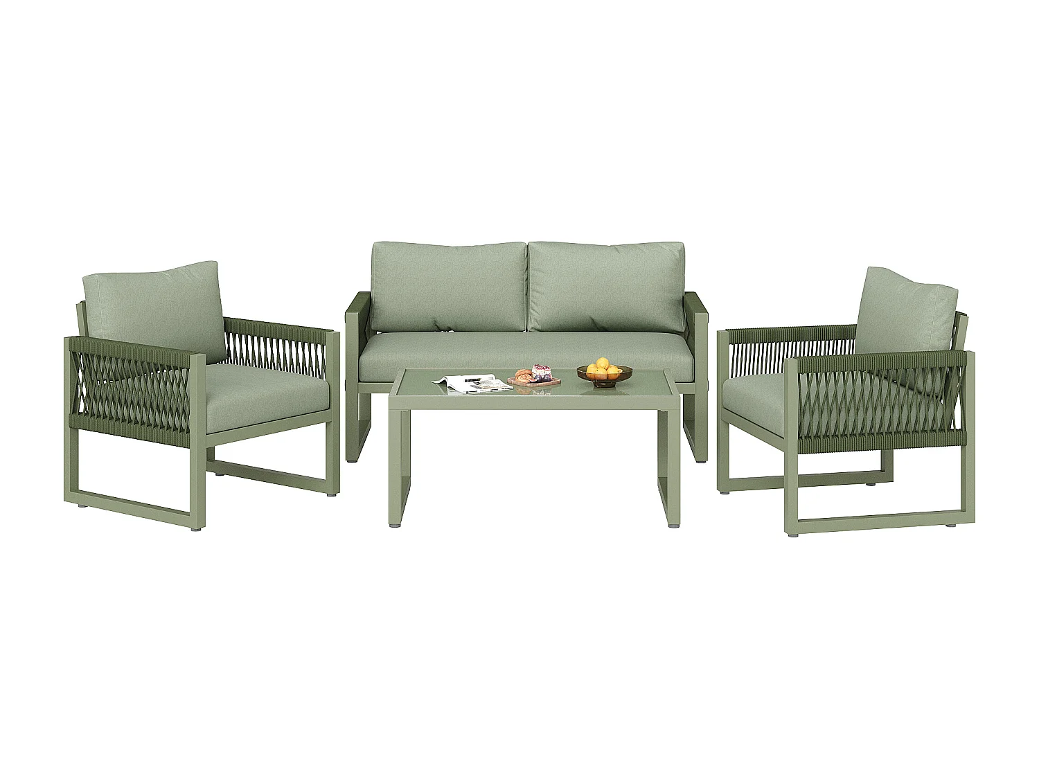 Ensemble de chaises longues de jardin vertes, plateau en verre lisse, ensemble de 4, tous les coussins inclus