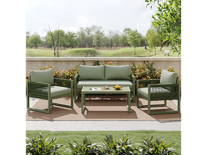 Ensemble de chaises longues de jardin vertes, plateau en verre lisse, ensemble de 4, tous les coussins inclus