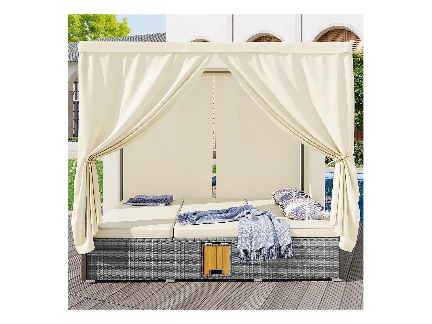Lettino da giardino matrimoniale con ombrellone, lettino in rattan, cuscini e tavolino pieghevole con cuscini, crema