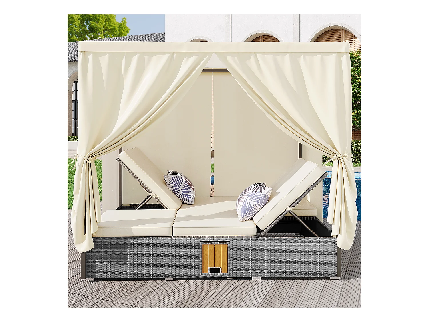 Lettino da giardino matrimoniale con ombrellone, lettino in rattan, cuscini e tavolino pieghevole con cuscini, crema