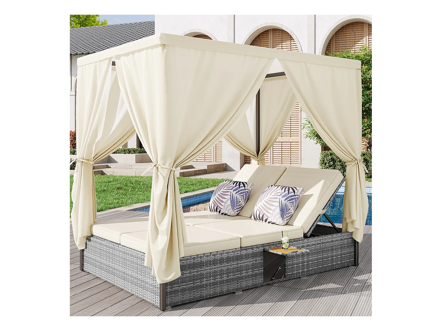 Lettino da giardino matrimoniale con ombrellone, lettino in rattan, cuscini e tavolino pieghevole con cuscini, crema