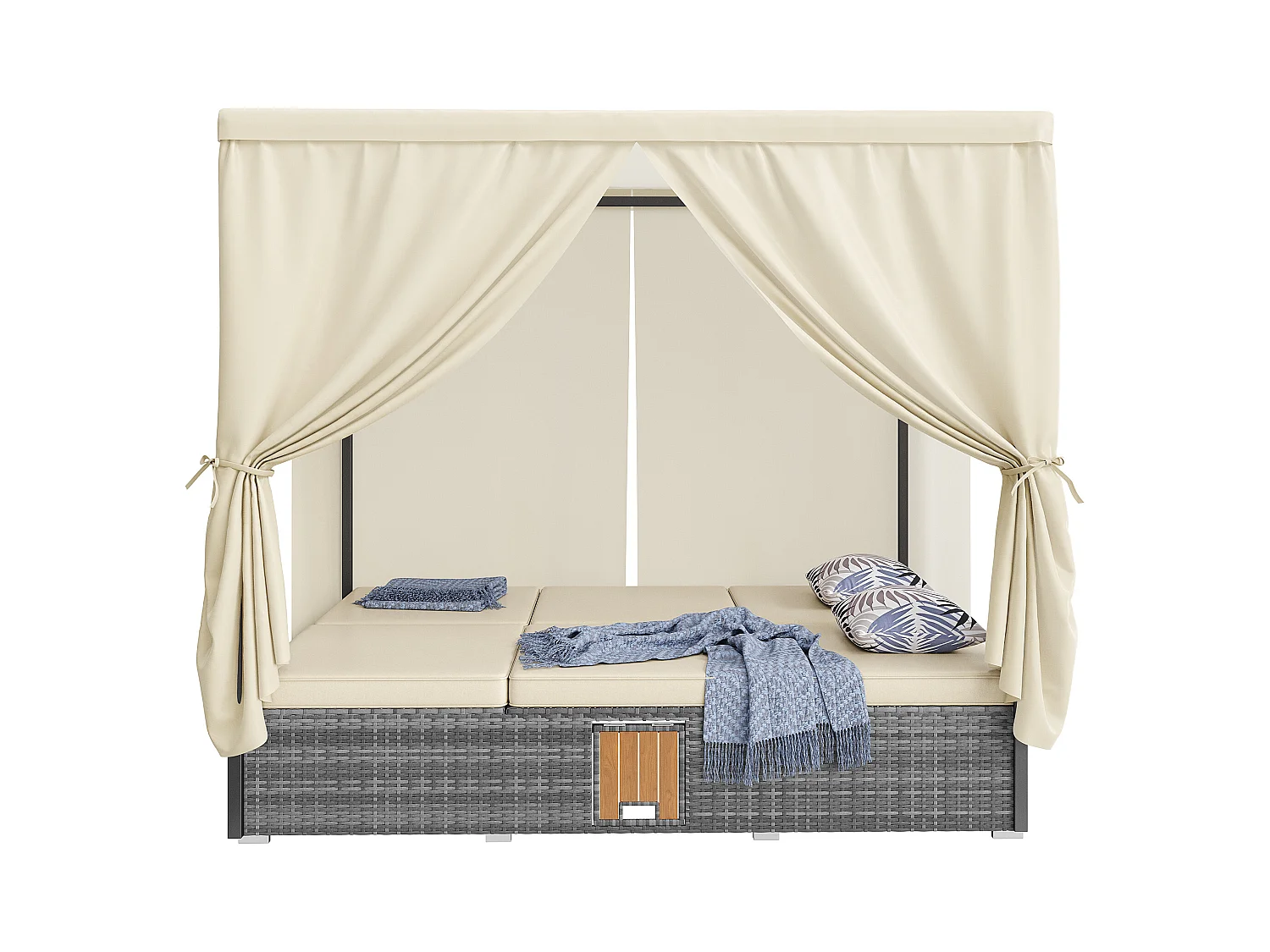 Lettino da giardino matrimoniale con ombrellone, lettino in rattan, cuscini e tavolino pieghevole con cuscini, crema