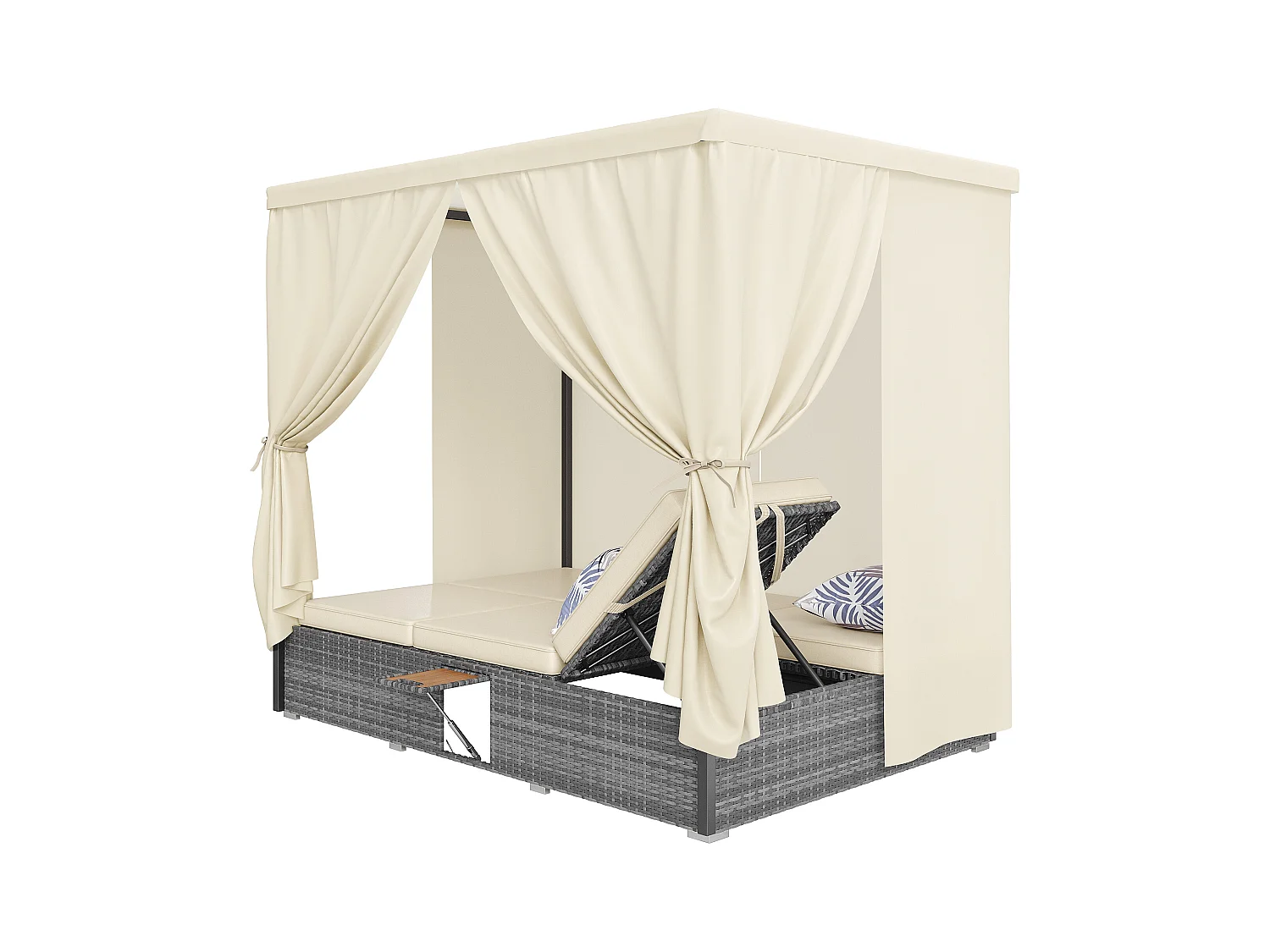 Lettino da giardino matrimoniale con ombrellone, lettino in rattan, cuscini e tavolino pieghevole con cuscini, crema