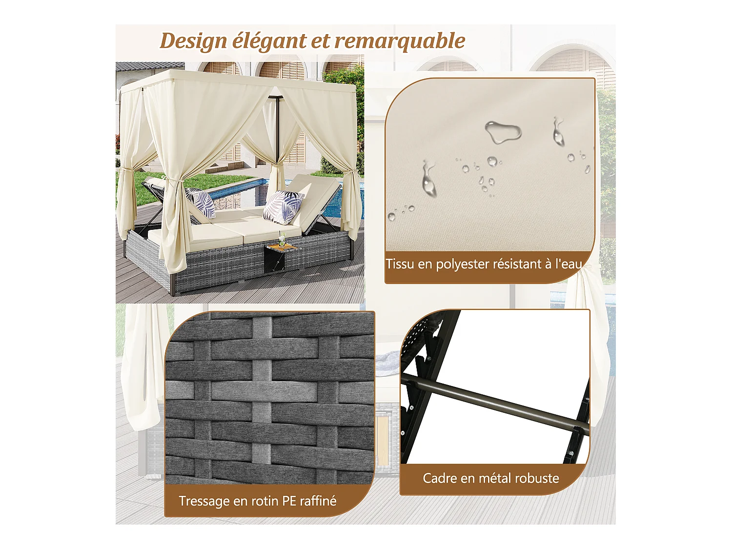 Lettino da giardino matrimoniale con ombrellone, lettino in rattan, cuscini e tavolino pieghevole con cuscini, crema