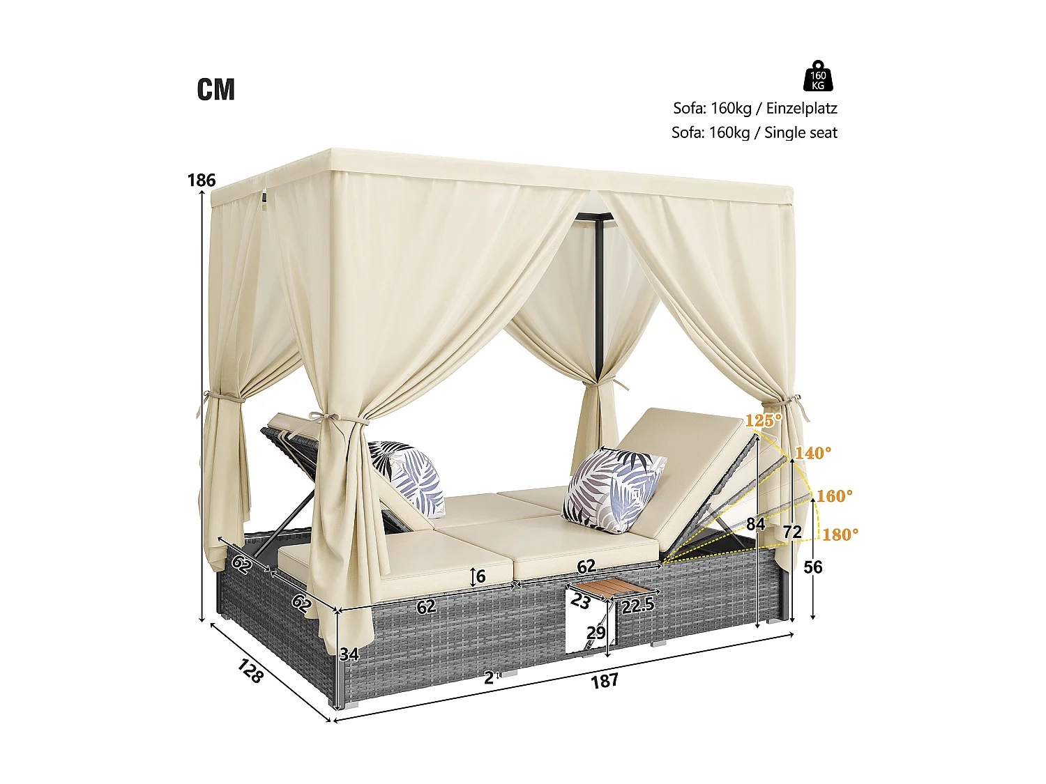 Chaise longue de jardin lit double avec parasol, chaise longue en rotin, coussins et table pliante avec coussins crème