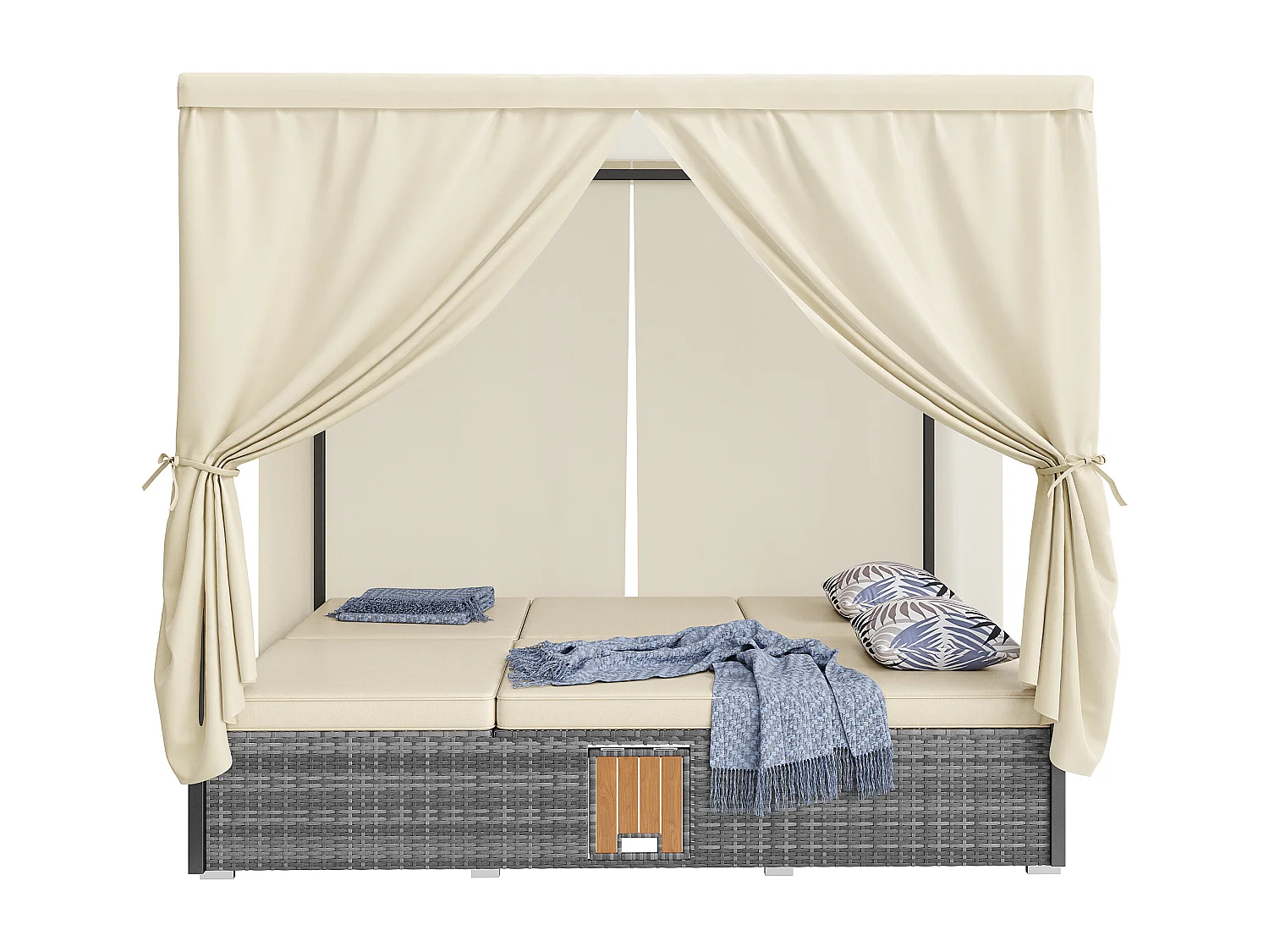 Chaise longue de jardin lit double avec parasol, chaise longue en rotin, coussins et table pliante avec coussins crème