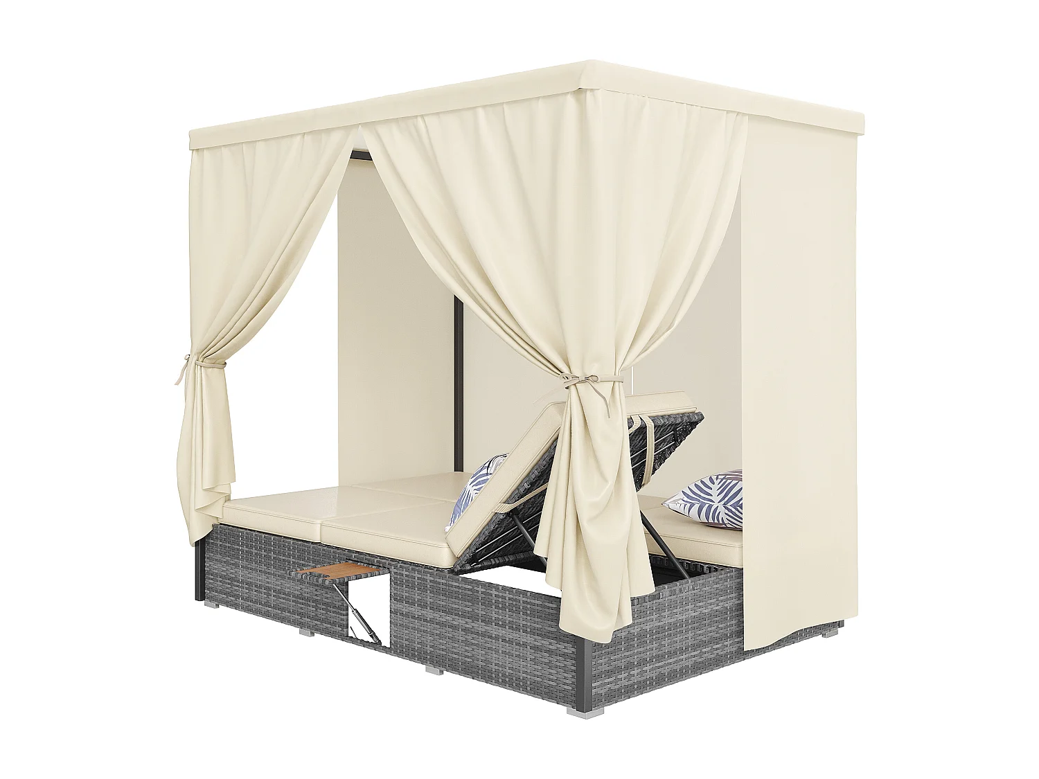 Chaise longue de jardin lit double avec parasol, chaise longue en rotin, coussins et table pliante avec coussins crème