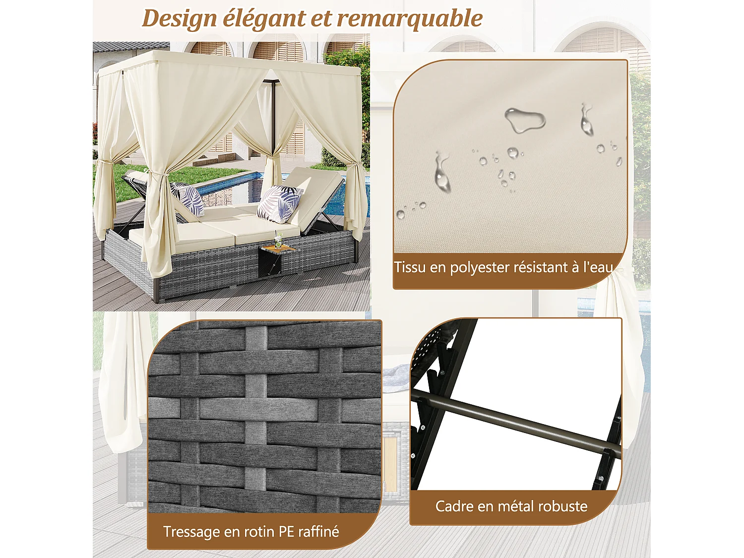 Chaise longue de jardin lit double avec parasol, chaise longue en rotin, coussins et table pliante avec coussins crème