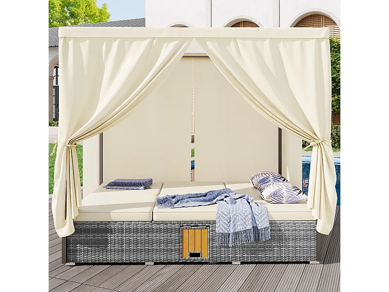 Chaise longue de jardin lit double avec parasol, chaise longue en rotin, coussins et table pliante avec coussins crème