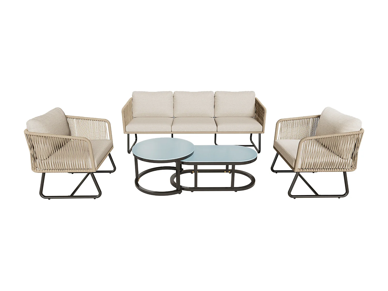 Set di lettini da giardino con struttura in ferro zincato, inclusi tutti i sedili e i cuscini, beige