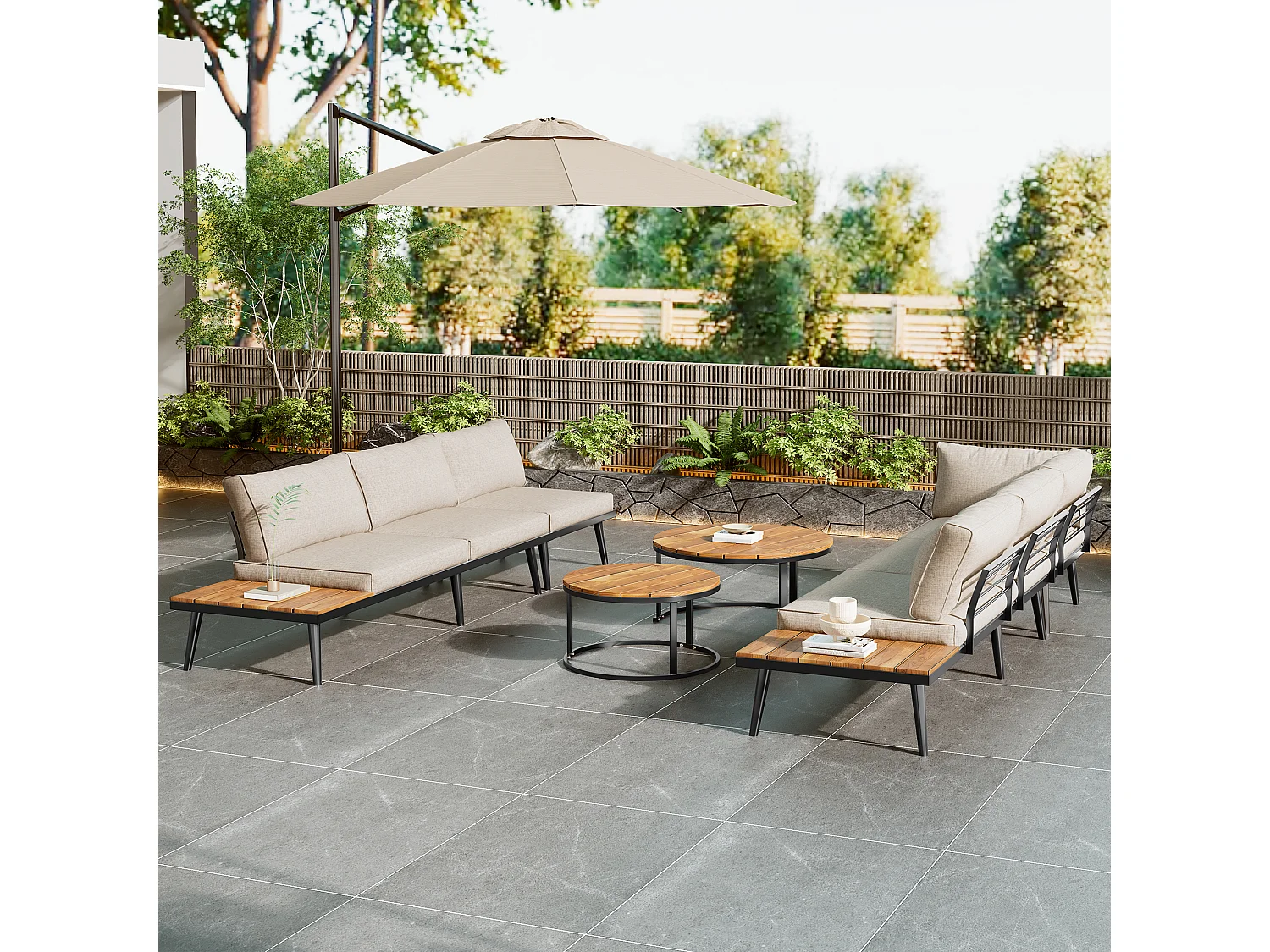 Tuinmeubelset voor 5-6 personen, 2x 2-zitsbank, 2x losse fauteuils, 2x eettafel