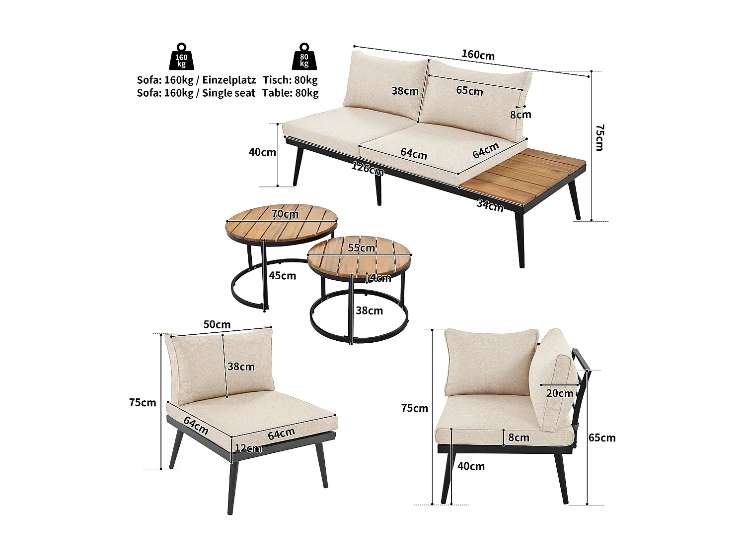 Tuinmeubelset voor 5-6 personen, 2x 2-zitsbank, 2x losse fauteuils, 2x eettafel