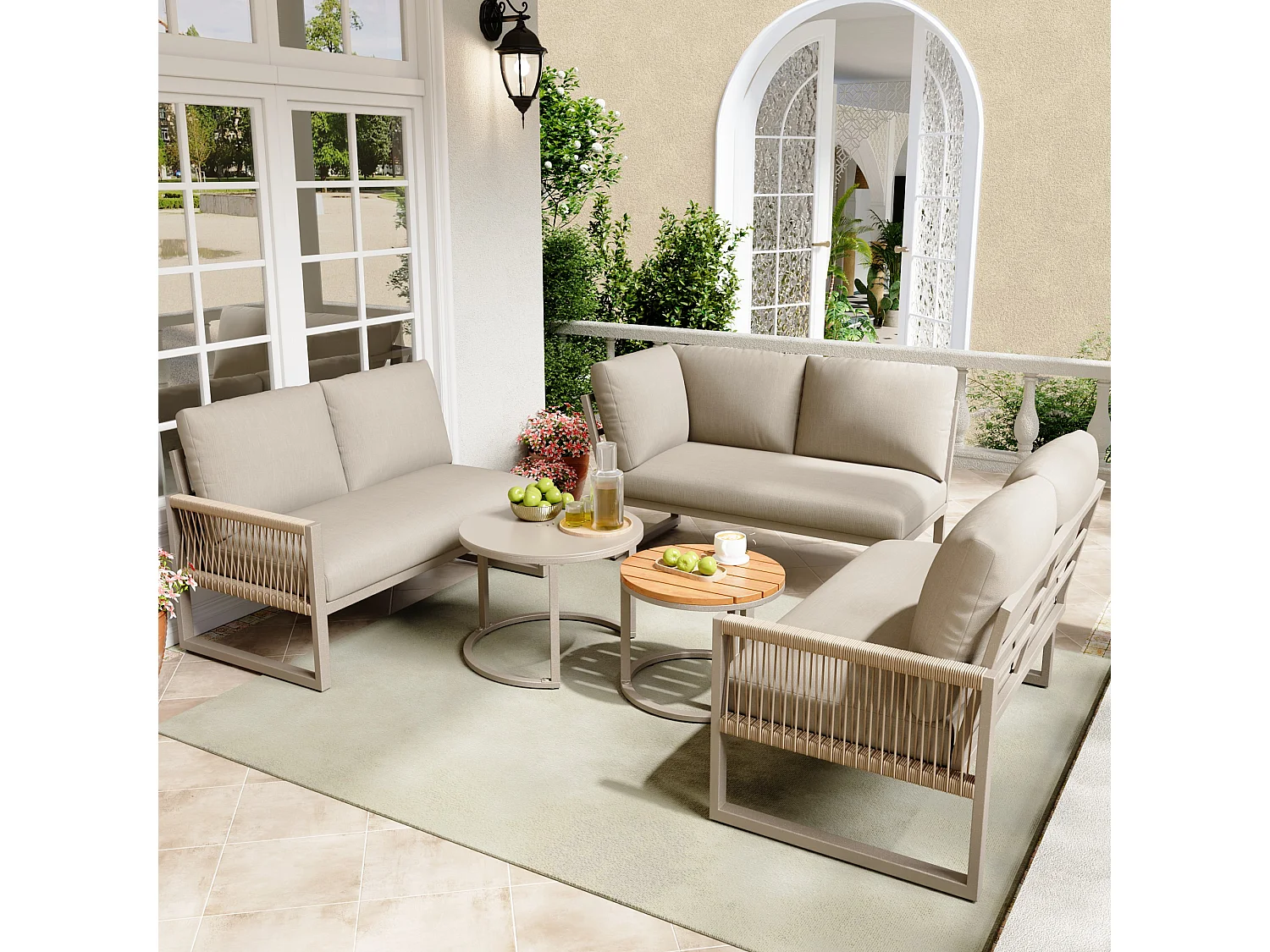 Ensemble de salon de jardin, ensemble de meubles pour 6-7 personnes, incl. coussins d'assise et coussins, beige