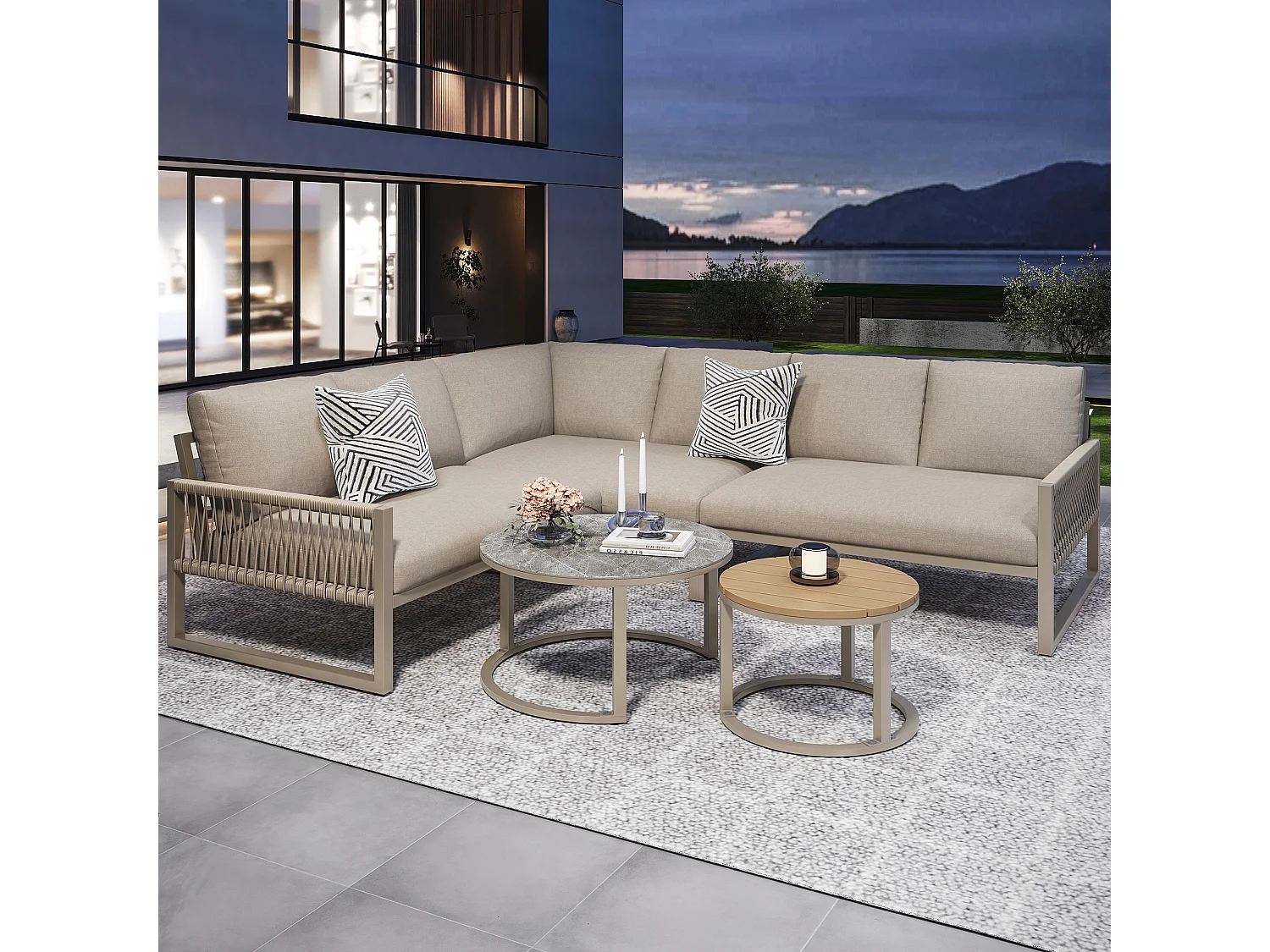 Ensemble de salon de jardin, ensemble de meubles pour 6-7 personnes, incl. coussins d'assise et coussins, beige