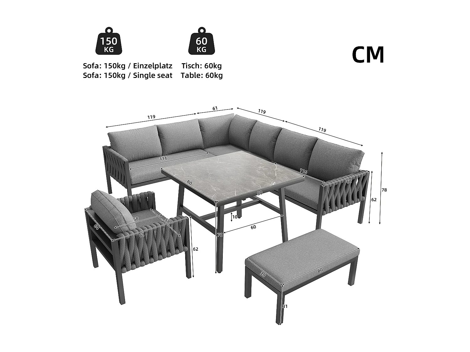 Conjunto de mobiliário de jardim com tampo de mesa em vidro temperado, incluindo almofadas de assento e almofadas, cinzento