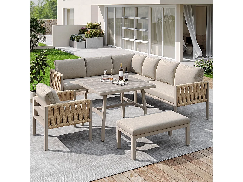 Ensemble de meubles de jardin avec plateau de table en verre trempé, y compris coussins d'assise et coussins, beige