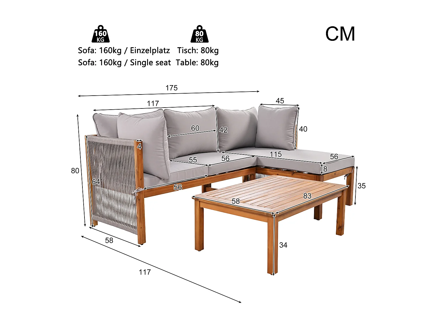 Conjunto de 3 cadeiras de jardim, apoios de braços em corda cinzenta, em forma de L com pés ajustáveis, 2 assentos duplos e 1 mesa