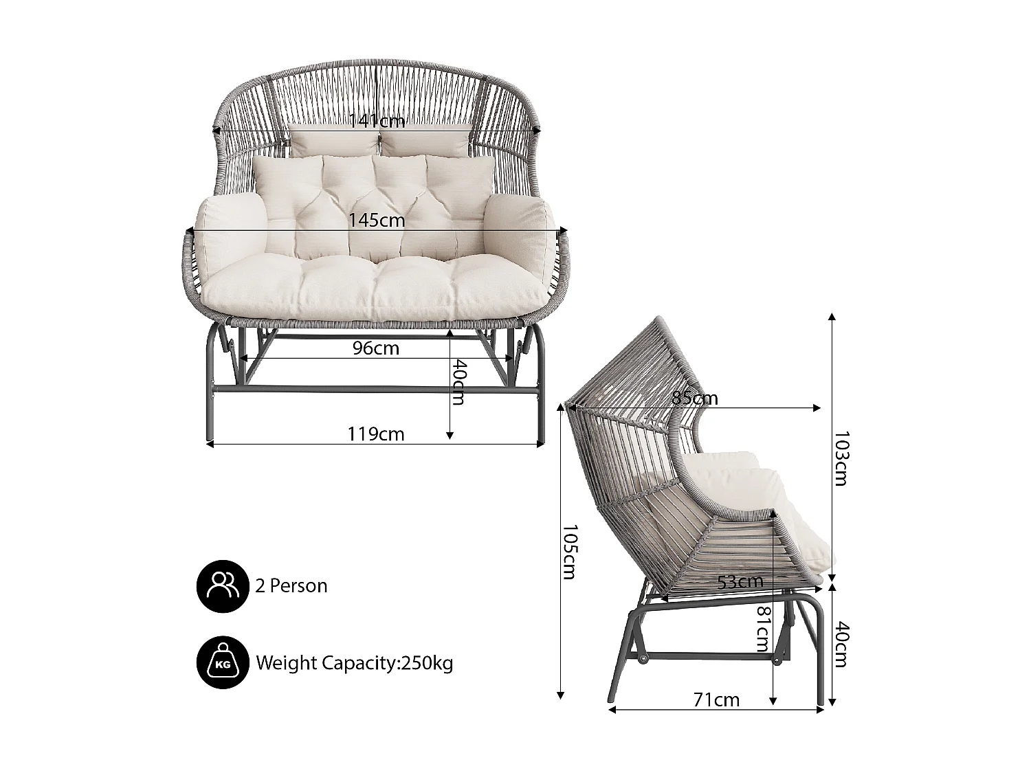 Chaise à bascule double de jardin, chaise suspendue de patio, balançoire de jardin, grise