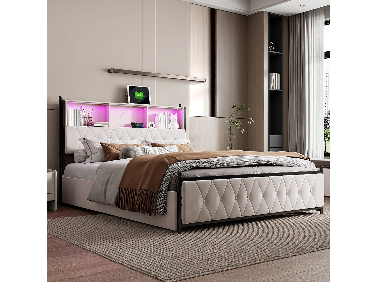 Tweepersoonsbed met opbergruimte, 140x200 cm, LED, met vier extra grote lades, met LED-verlichting, USB- en TYPE-C-aansluitingen, fluweel, beige