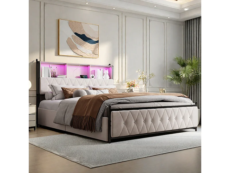 Lit 140x200 avec Sommier LED et USB, Lit Double rembourré avec sommier à Lattes et 4 Tiroirs, Tete de lit avec Rangement, Velours, Beige