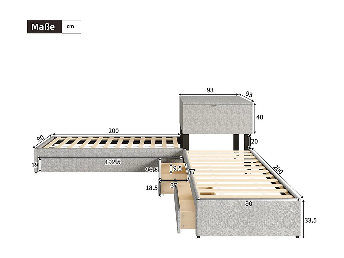 Zwei Einzelbetten 90x200 cm, mit Klappbett, Stauraum, Schrank, Bettwäsche, grau