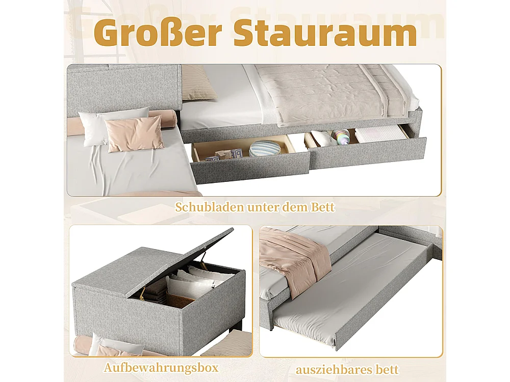 Zwei Einzelbetten 90x200 cm, mit Klappbett, Stauraum, Schrank, Bettwäsche, grau