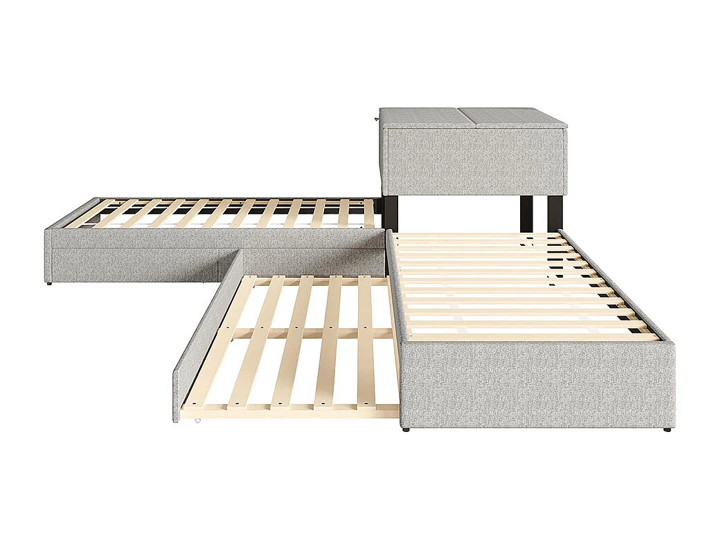 Zwei Einzelbetten 90x200 cm, mit Klappbett, Stauraum, Schrank, Bettwäsche, grau