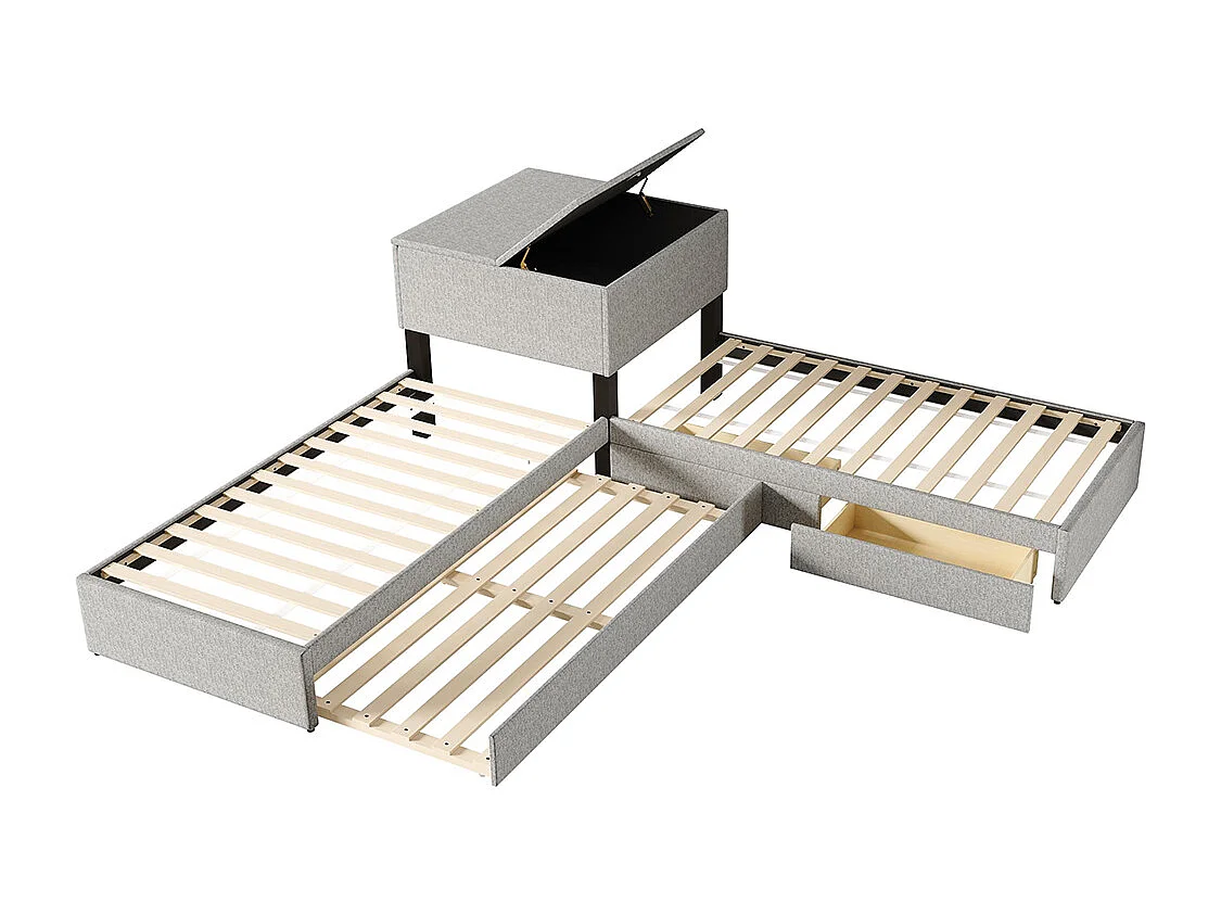 Zwei Einzelbetten 90x200 cm, mit Klappbett, Stauraum, Schrank, Bettwäsche, grau