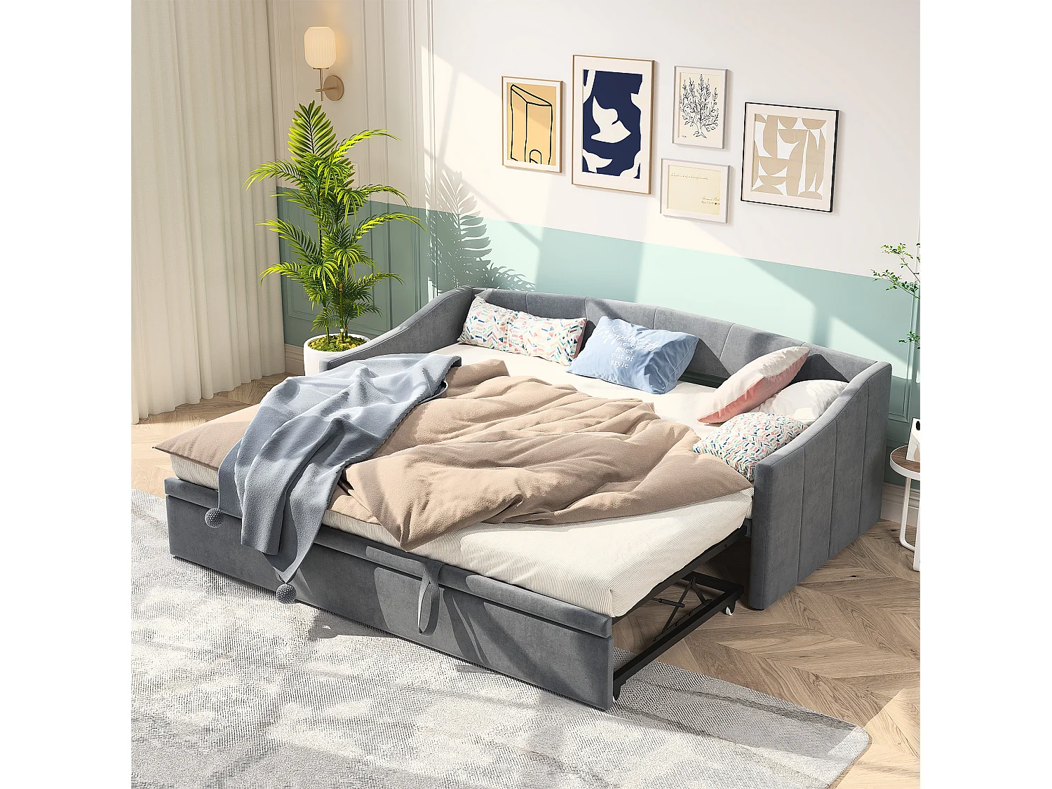 Slaapbank met uitschuifbaar bed 90/180 x 200 cm met lattenbodem - multifunctioneel in huidvriendelijk fluweel, grijs