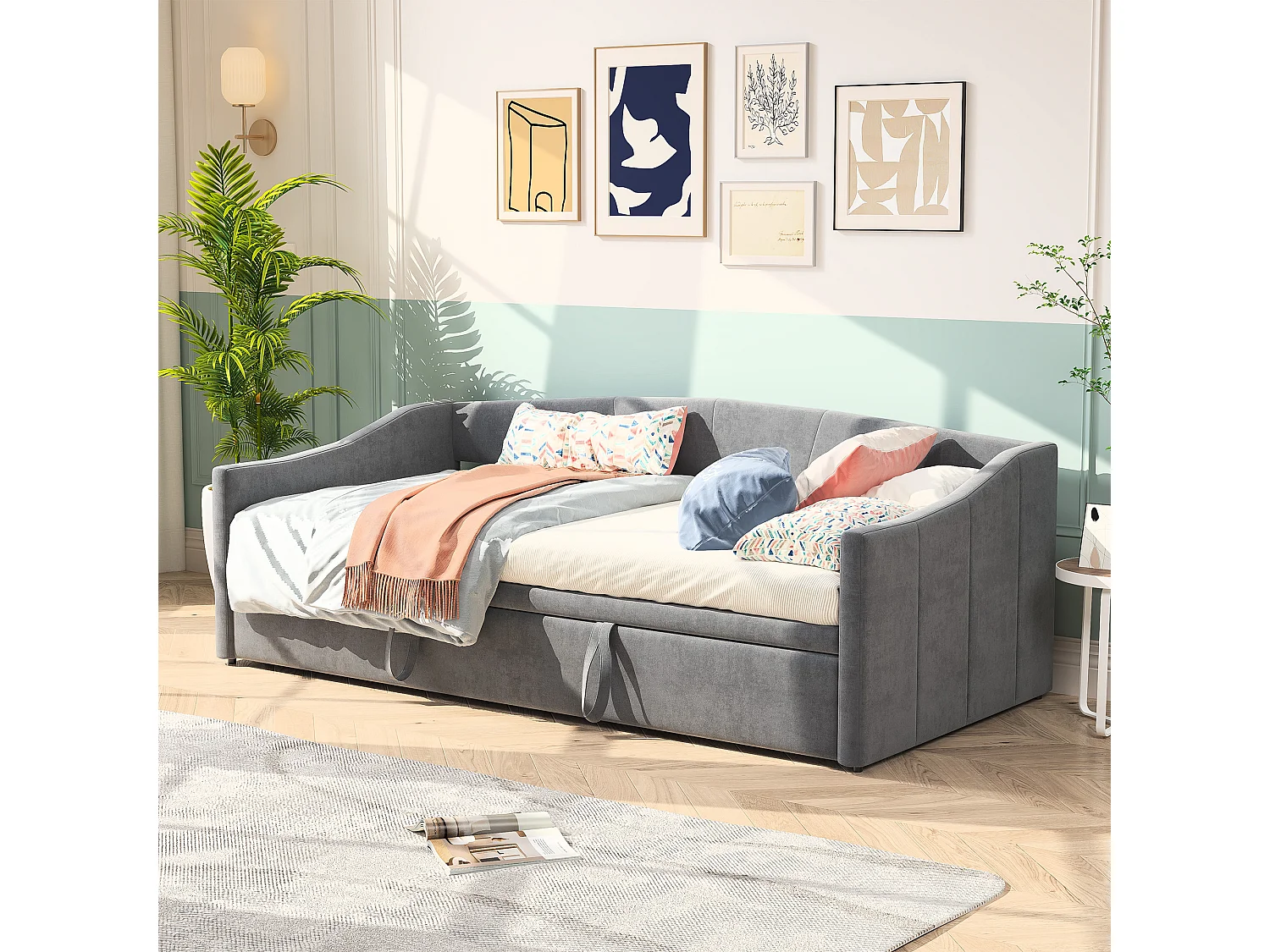 Slaapbank met uitschuifbaar bed 90/180 x 200 cm met lattenbodem - multifunctioneel in huidvriendelijk fluweel, grijs