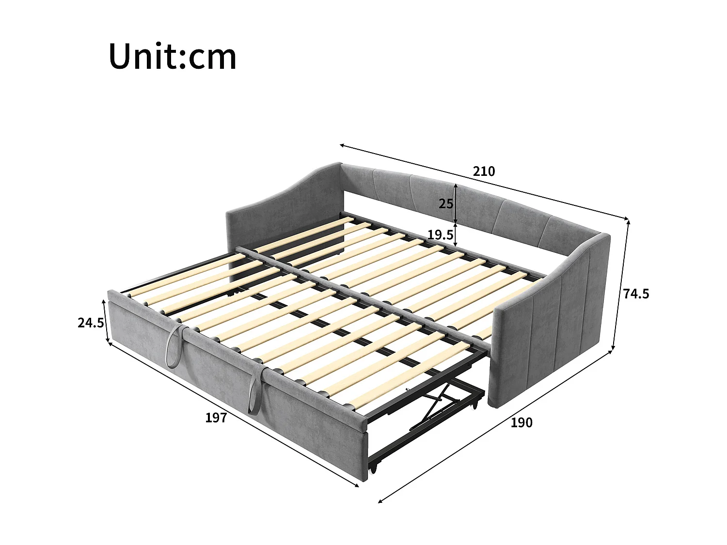 Slaapbank met uitschuifbaar bed 90/180 x 200 cm met lattenbodem - multifunctioneel in huidvriendelijk fluweel, grijs