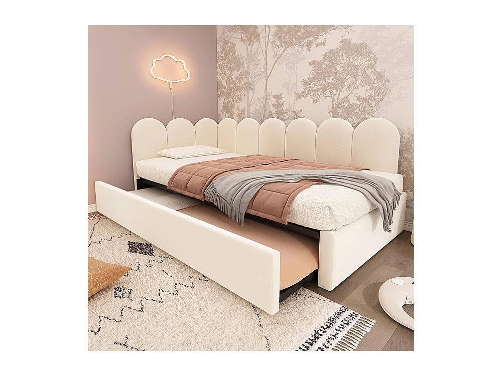 Kinderbett, Polsterbett 90x200 cm, Schlafsofa mit Klappbett, Samt, beige, keine Matratze