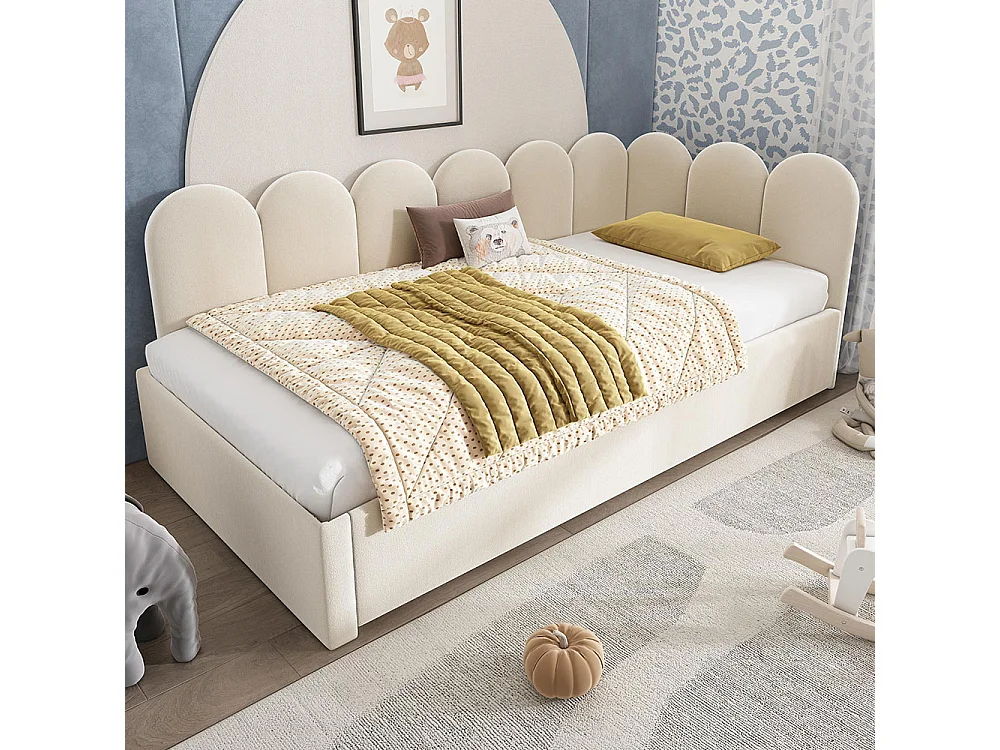 Lit d'enfant, lit rembourré 90x200 cm, canapé-lit avec lit escamotable, velours, beige, sans matelas